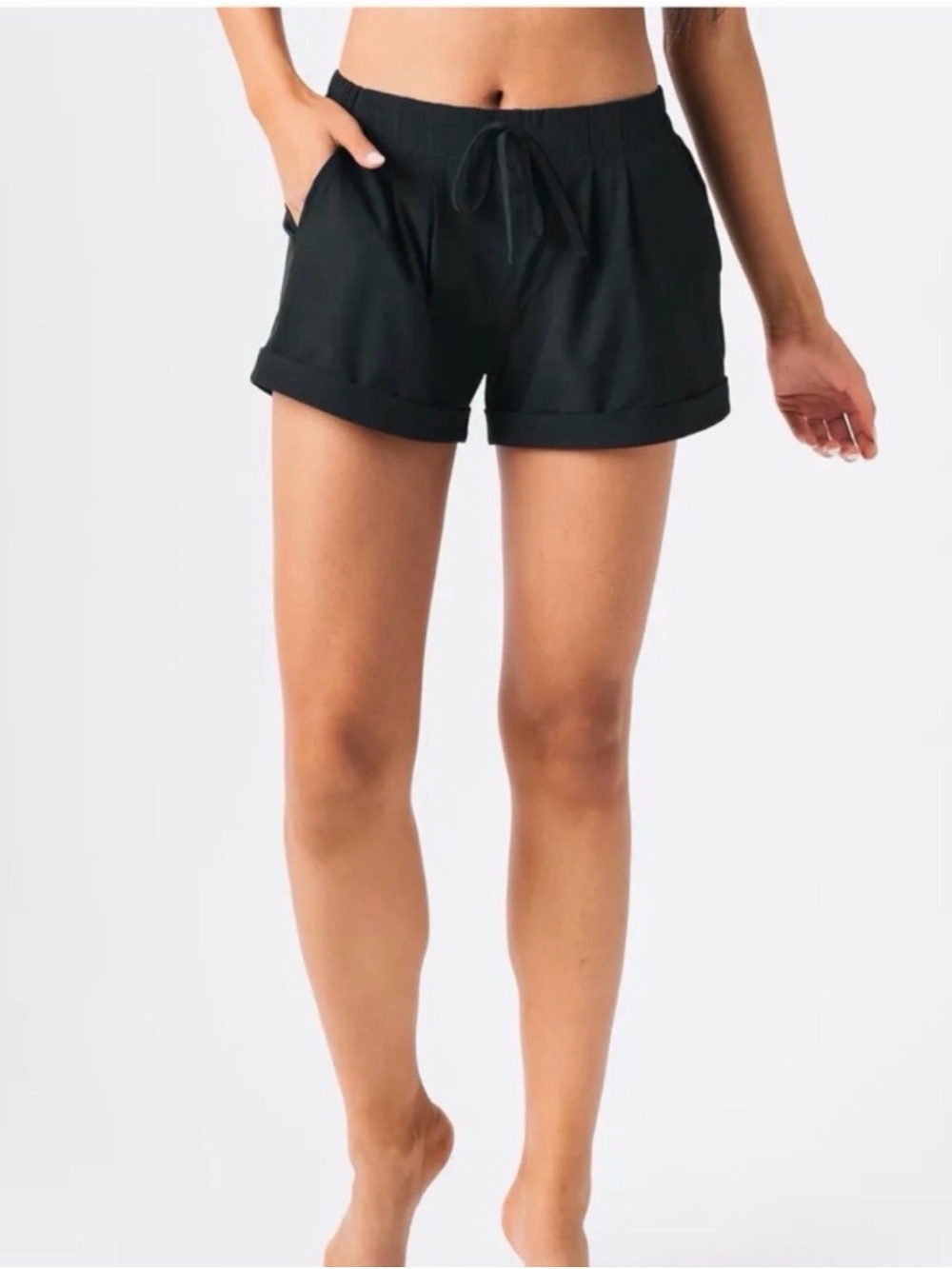 ZYIA Black Roll-Cuff Drawstring Athletic Shorts